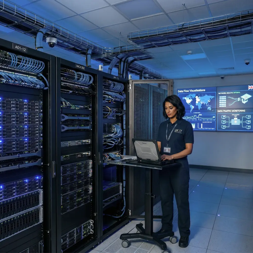 Self hosting services UK infrastructure showing servers and data flow